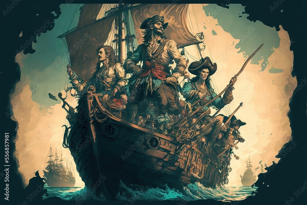 A Pirate Crew Sailing in the Sea, with swords,knives, guns, and canons