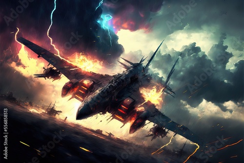 War Plane on a Fight in the Sky, With Full coloured Sky, and explosion and impact lights and sparks, and also electric rays, generating an intense and energetic scene