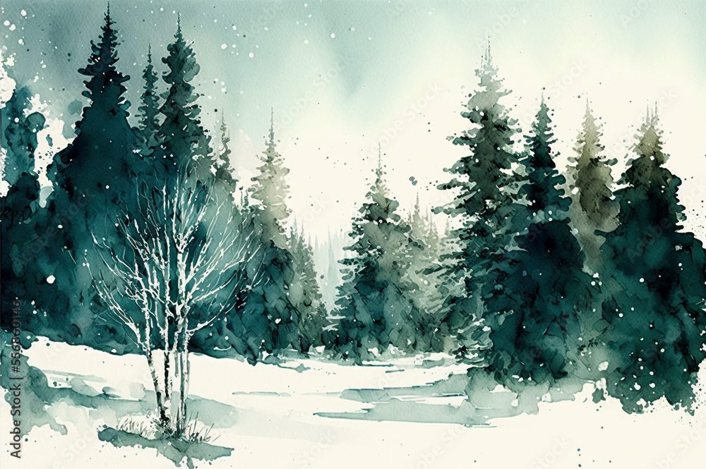 Watercolor landscape. Coniferous forest and morning fog. Created with Generative AI technology.