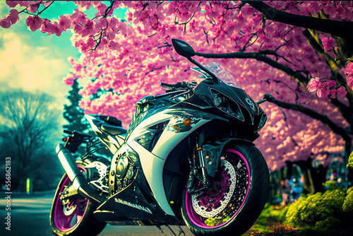 Motorcycle similar to Kawasaki Ninja ZX-10R parked under cherry blossoms. Digital artwork