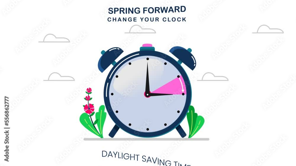 Daylight Saving Time Animation, Spring Forward on 14 March, Change Your Time, with Clock or Alarm Object, The Clocks Moves Forward One Hour, DST begins in USA for banner, web, emailing. Motion graphic