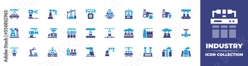 Industry icon collection. Duotone color. Vector illustration. Containing robot arm, robotic arm, petroleum, manufacturing, power press, press machine, lock, power plant, conveyor belt, and more.