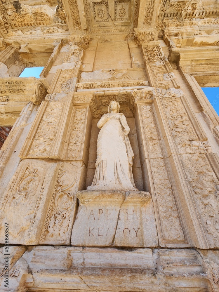 Statues adorning the façade of the Library of Celsus represent the Four