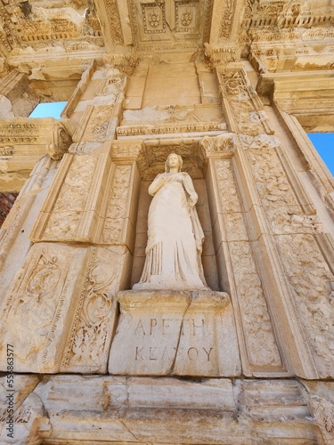 Statues adorning the façade of the Library of Celsus represent the Four Virtues: Sophia (Wisdom), Arete (Bravery), Episteme (Knowledge) and Ennoia (Thought)
