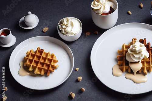 fresh delicious waffles with whipped cream, generatie AI