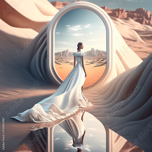 Girl in a white dress goes to the mirror in the desert among the dunes