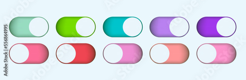 Switch toggle buttons. ON and OFF vector icons set in flat gradient style. App interface slider EPS 10, vector UI UX icons set