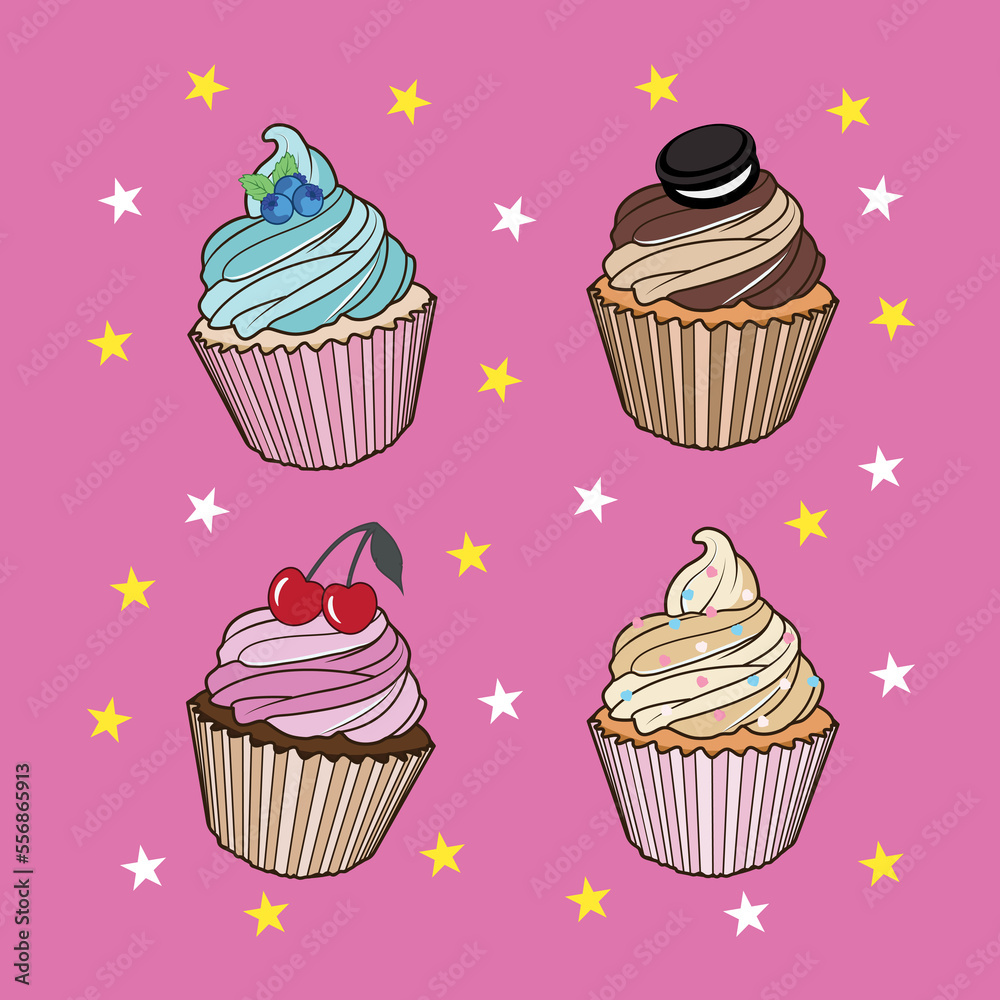 Sweet Fruit Icing Cupcake Cake Pastry cherry Blueberry Vanilla Star Design Artwork Sweet Fruit Icing Cupcake Cake Pastry cherry Blueberry Vanilla Star Design Artwork