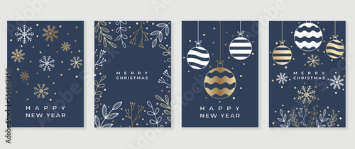 Set of christmas and happy new year holiday card vector. Elegant element of golden and white snowflakes  snow  bauble balls  winter leaf branches. Design illustration for cover  banner  card  poster.