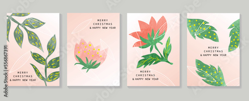 Set of christmas and happy new year holiday card vector. Decorative element of hand drawn watercolor winter botanical flower and leaf branches. Design illustration for cover, banner, card, poster.