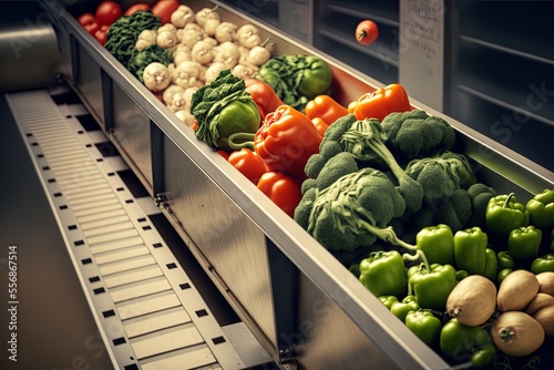 Vegetables are sorted by size as they go down a conveyor belt at a food processing factory. Generative AI photo