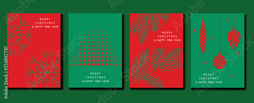 Set of christmas and happy new year holiday card vector. Red and green element of snowflake  triangle christmas tree  pine leaves  bauble balls. Design illustration for cover  banner  card  poster.