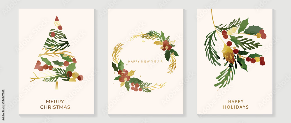 Set of christmas and happy new year holiday card vector. Elegant element of watercolor and gold winter leaf wreath, pine leaves christmas tree. Design illustration for cover, banner, card, poster. Set of christmas and happy new year holiday card vector. Elegant element of watercolor and gold winter leaf wreath, pine leaves christmas tree. Design illustration for cover, banner, card, poster.