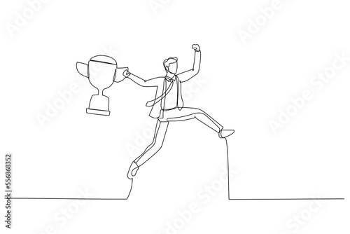 Illustration of businessman holding winning trophy jumping high for celebration concept of celebration. Single line art style