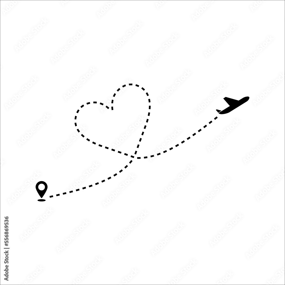 Love airplane route. Romantic travel, heart dashed line trace and plane routes. Hearted airplane path. vector illustration on white background.