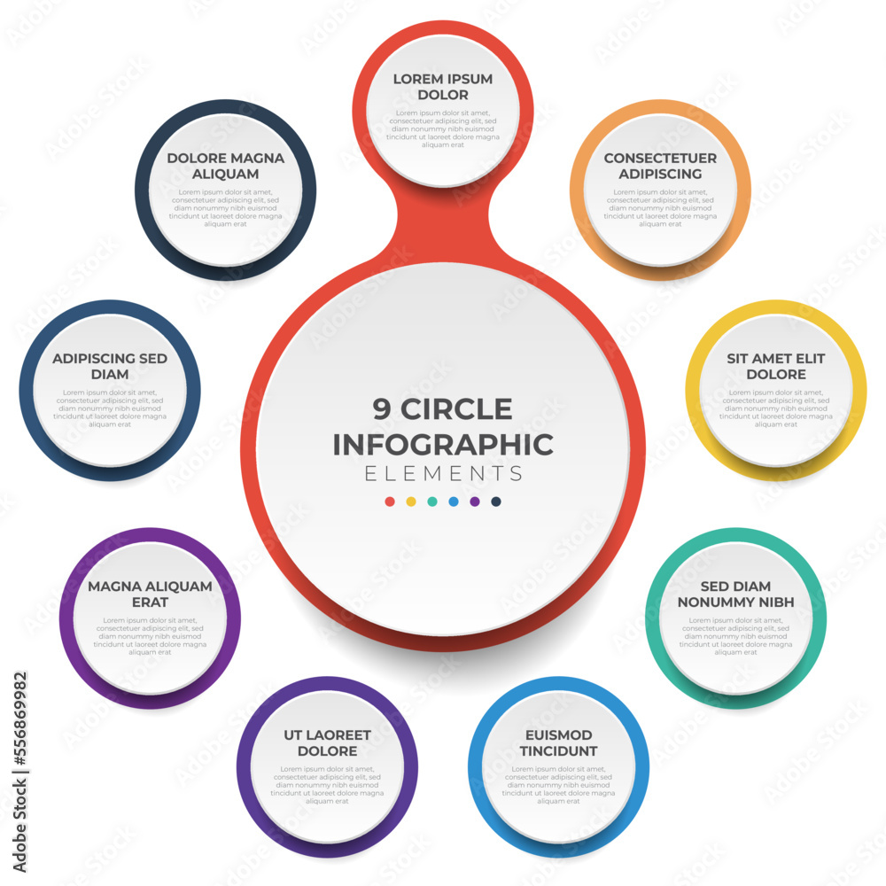 Circular layout diagram with 9 points of steps, sequence, colorful circle infographic element template vector.