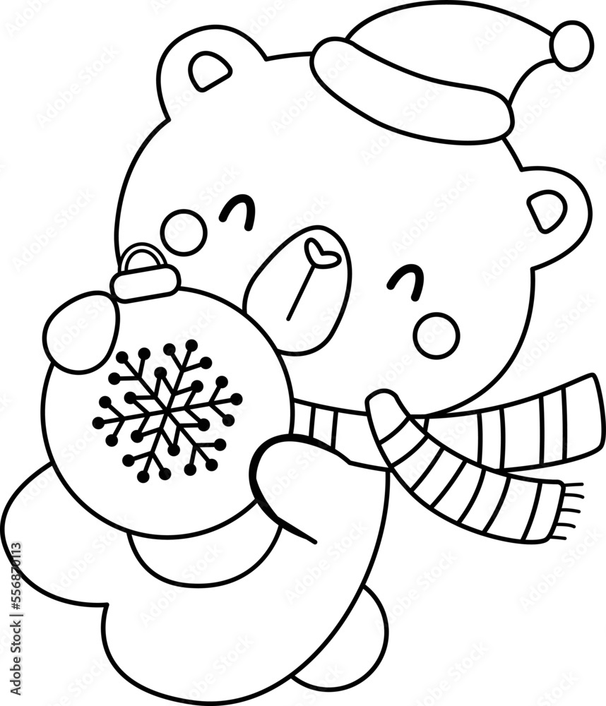 a vector of a bear holding Christmas decoration in black and white colouring