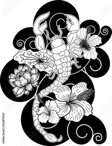 Scorpion tattoo with flower Japanese style.Design For Print a T-Shirt.Hibiscus flower with cherry blossom and lotus tattoo.Zodiac sign of Scorpio.