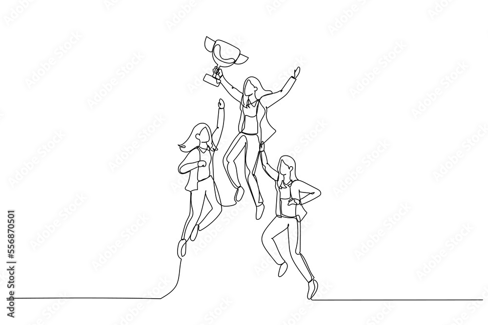 Fototapeta premium Cartoon of businesswoman jumping holding trophy get reward and celebrate. Continuous line art