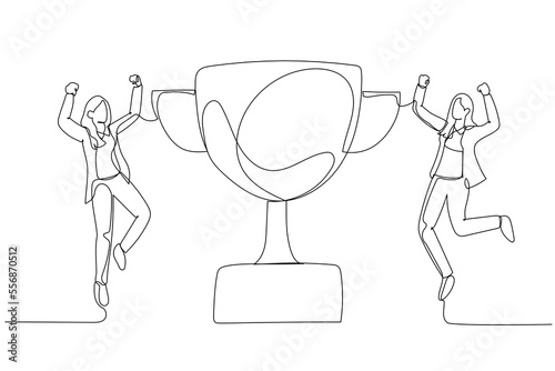 Drawing of businesswoman employee jump in the air with trophy cup concept of recognition. Single continuous line art