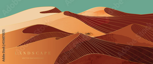Mountain and golden line art background vector. Luxury watercolor desert landscape background with gold line art texture, green sky. Abstract art wallpaper design for print, wall art and home decor.  