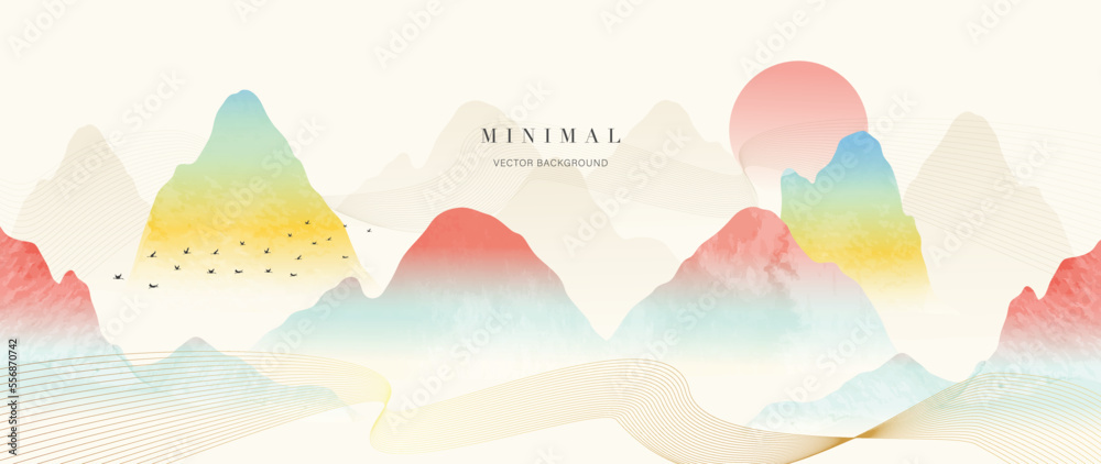 Mountain and golden line art background vector. Oriental chinese luxury watercolor landscape background with gold line art texture. Abstract art wallpaper design for print, wall art and home decor. Mountain and golden line art background vector. Oriental chinese luxury watercolor landscape background with gold line art texture. Abstract art wallpaper design for print, wall art and home decor.