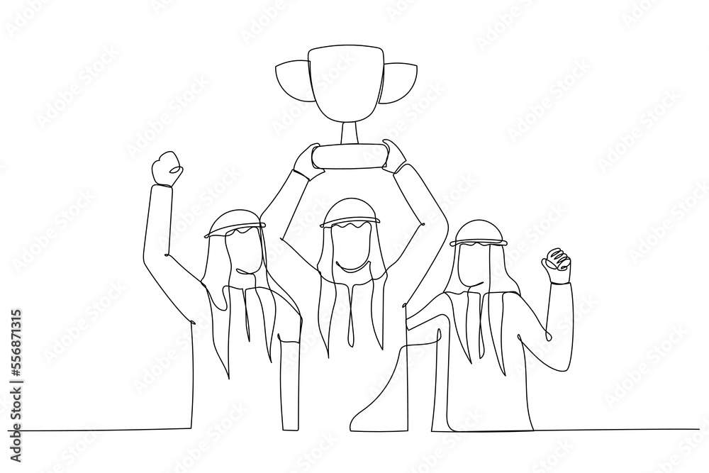 Drawing of arab businessman standing in medals on necks holding golden trophy concept on teamwork. Single continuous line art Drawing of arab businessman standing in medals on necks holding golden trophy concept on teamwork. Single continuous line art