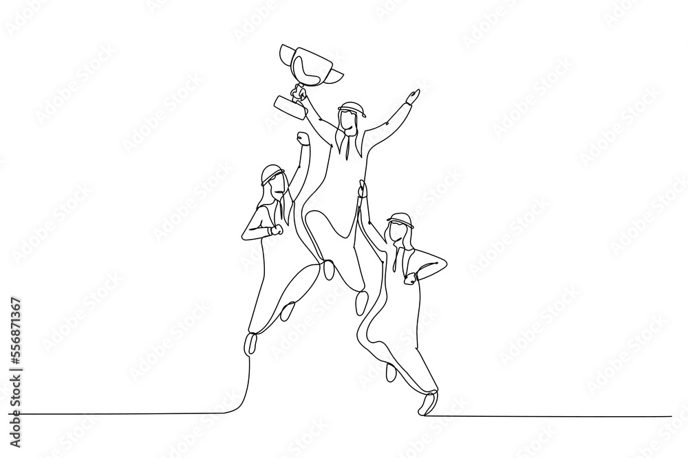 Drawing of arab businessman jumping holding trophy get reward and celebrate. Single line art style