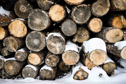 Detail closeup of pile of logs stacked up in deep snow - textural design element - winter aesthetic