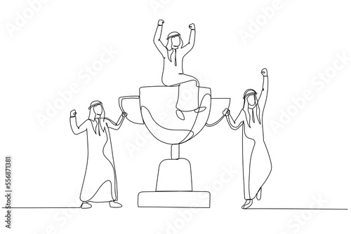 Cartoon of arab businessman celebrating victory with team holding trophy. Continuous line art style