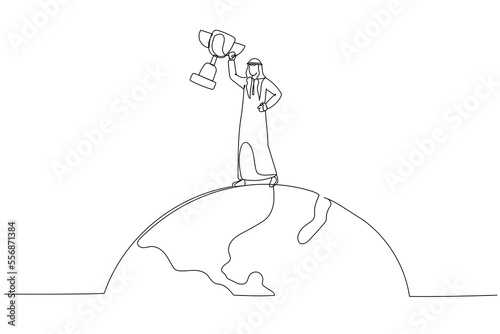 Drawing of arab businessman superhero with award prize trophy winner international market. Single line art style