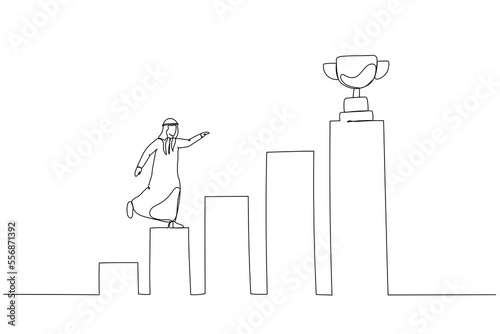 Drawing of arab businessman running on growing bar graph to catch winner trophy, concept of achievement. Single line art style