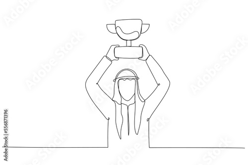 Illustration of arab businessman holding winning trophy concept of victory. One line art style