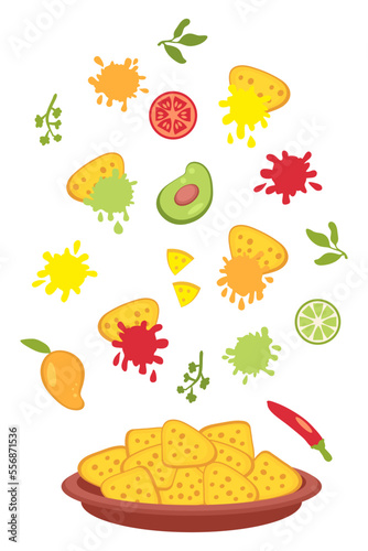 Fototapeta Naklejka Na Ścianę i Meble -  Mexican nachos, sauce splashes and ingredients fall into the plate. Perfect for tee, poster, menu and print. Vector illustration for decor and design.