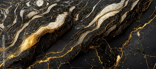 Panel kuchenny z motywem The texture of black and white marble with gold veins. Natural pattern. Abstract 3D illustration of marble surface for backgrounds, wallpapers, photo wallpapers, murals, posters.