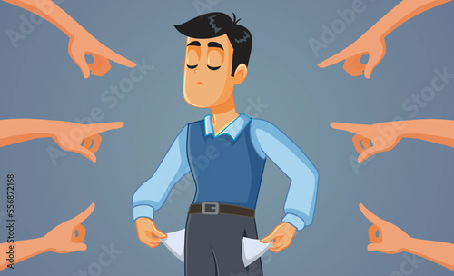 People Pointing to a Man Having No Money Vector Cartoon Illustration. Unhappy broke person feeling depressed and frustrated blamed by society
 photo