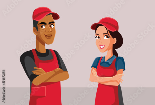 Cheerful Retail Workers Greeting Customers with a Smile Vector Cartoon. Happy supermarket employees standing and smiling 
