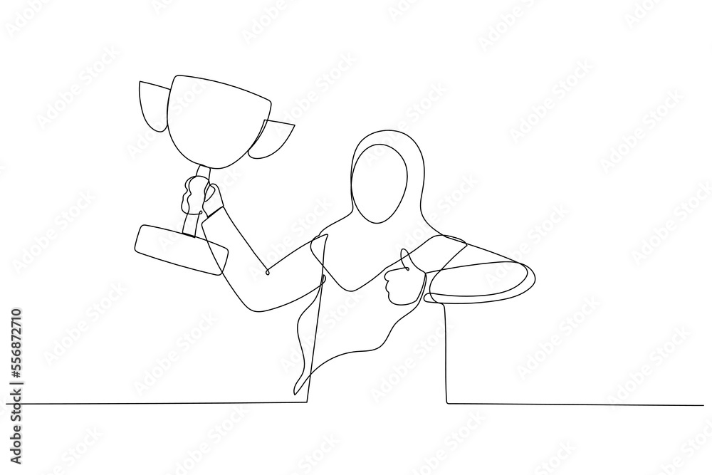 Cartoon of muslim businesswoman champion get award prize celebrating archievement. Continuous line art style Cartoon of muslim businesswoman champion get award prize celebrating archievement. Continuous line art style