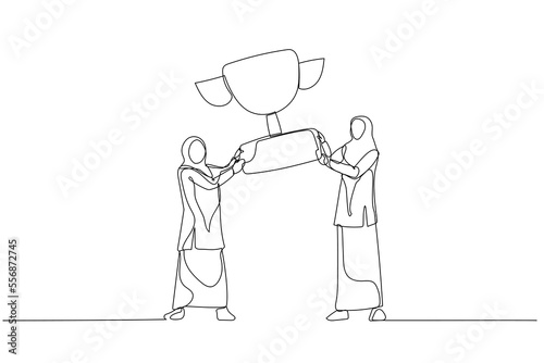 Cartoon of muslim businesswoman holding prize winner cup and celebrating achievement. Single continuous line art style
