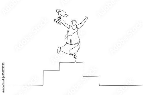 Drawing of muslim businesswoman receive trophy on podium happy first winner. Single line art style