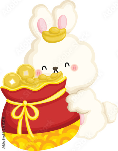 a vector of rabbit hugging a gold bag