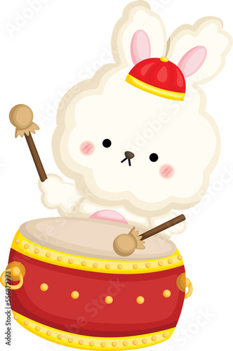 a vector of rabbit playing a Chinese drum