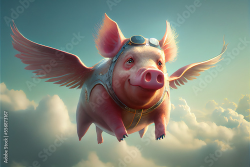 when pigs fly, flying piggies, pigs flying in clouds, generative ai, pilot pig,generative ai	 photo