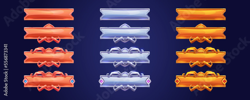 Game buttons with fantasy frames. Blank old rectangle bronze, silver and gold boards with decorative borders in medieval style, vector cartoon set isolated on background