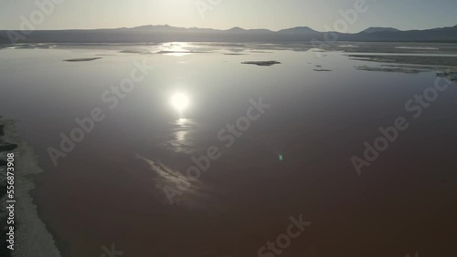 Sun Reflects on Red Lake, Aerial View Above Laguna Colorada Bolivian Andean Sky, Altiplano, Daylight, Salt Shallow Lagoon, Bolivia Travel Destination photo