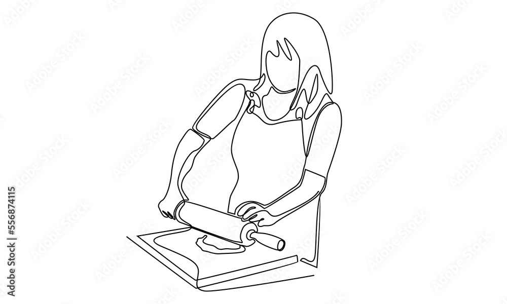 continuous line of woman rolling dough with rolling pin continuous line of woman rolling dough with rolling pin