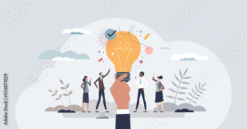 Business ideas with creative and innovative company plans tiny person concept. Successful solution with cooperative advice vector illustration. Opportunity for new startup project with invention team.