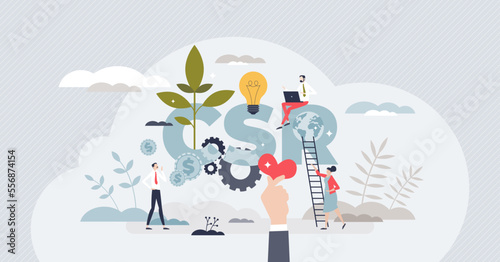 CSR or corporate social responsibility for sustainable business tiny person concept. Company policy with fair and honest resources usage for nature ecology and society protection vector illustration.