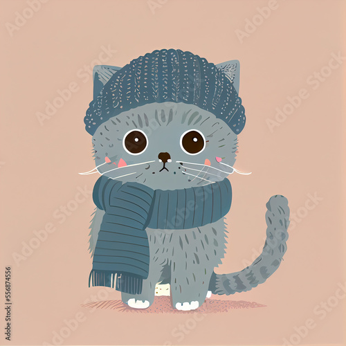 Russian blue kitten in hat and scarf  Generative AI