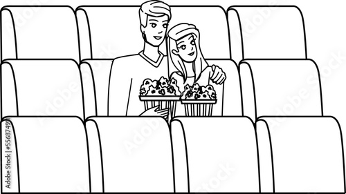 couple cinema line pencil drawing vector. movie theater watching, audience young, film man woman, lifestyle spectator, happy girl auditorium couple cinema character. people Illustration